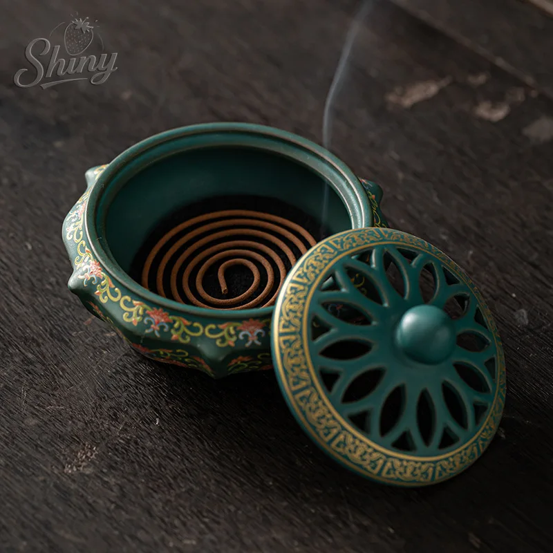 Chinese Enamel Antique Indoor Ceramic Disc Incense Burner Household Indoor Desktop Incense Burner