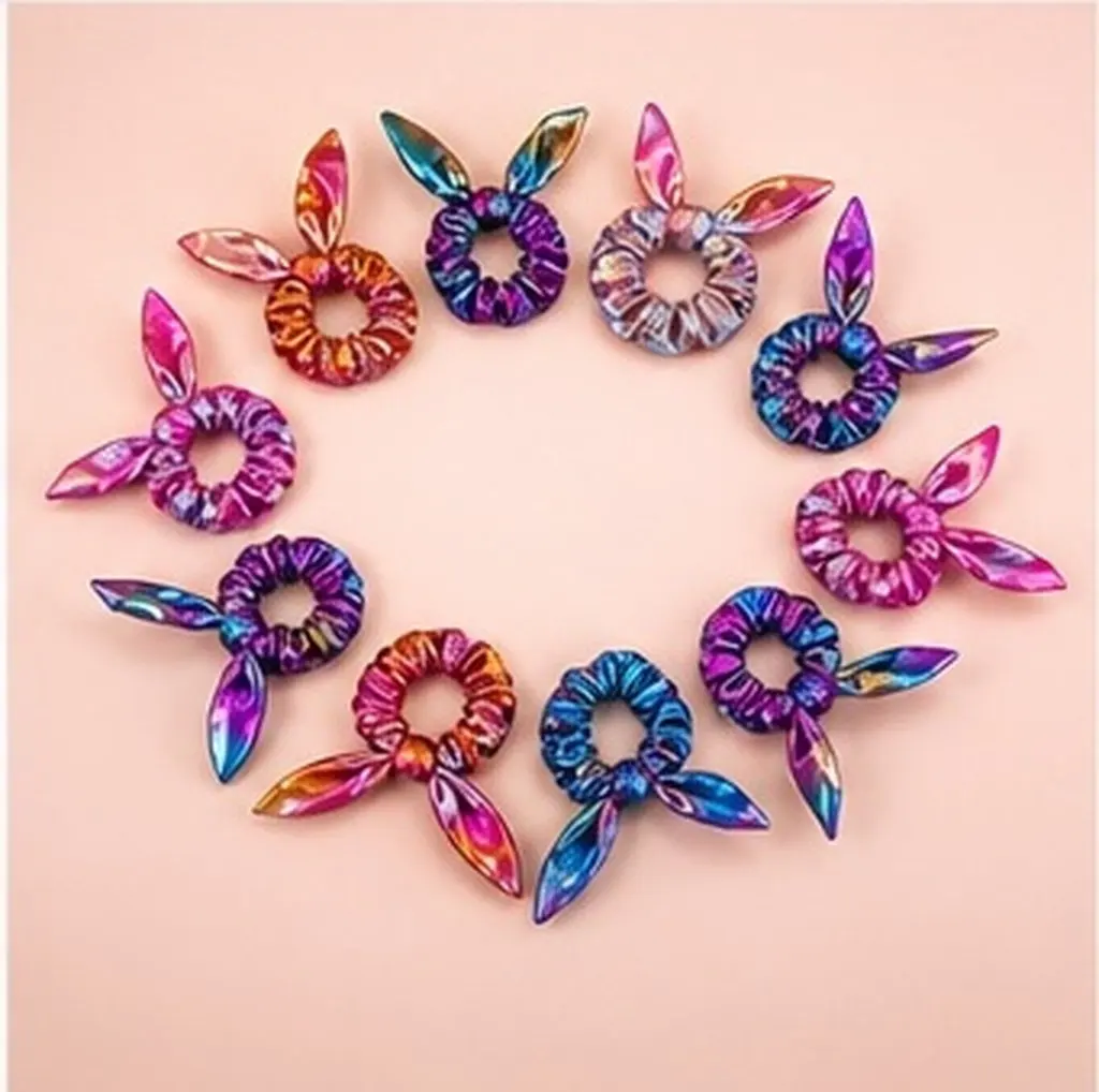 10Pcs Rabbit Ear Hair Ties Ponytail Holders Elastic Hair Rope Gold Stamping Multi Color Blue Purple Pink Yellow
