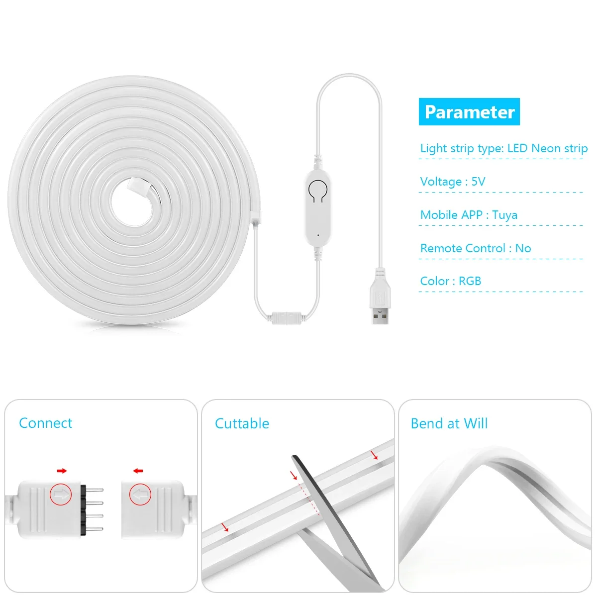 새로운 스마트 TUYA WiFi USB 5V RGB 네온 스트립 라이트 고품질 Dearm 컬러 지원 Alexa Google 홈 APP 디밍 가능 음성 제어