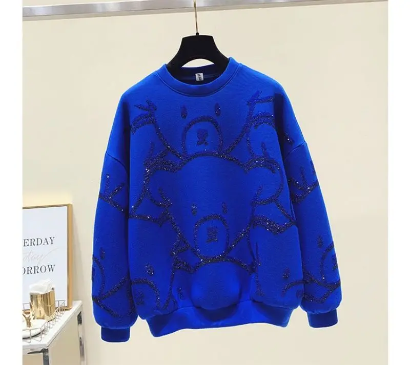 New Blue Bear Sequins Casual Solid O-Neck Long Sleeve Women\'s Hooded Sweatshirts Pullover Korean Fashion Female Hoodies Autumn