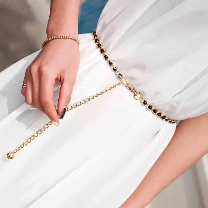1Pcs Women's Dress Accessories Waist Chain Metal Chain Solid Pearl Versatile Apparel Accessories Pearl Thin Waist Belts