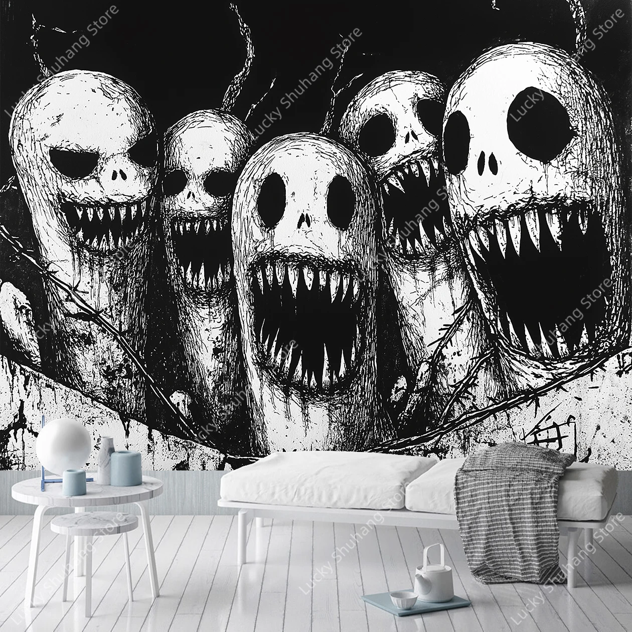 Ghost Skull Abstract Tapestry Dark Gothic Wall Art for Bedroom Living Room Decor Bohemian Style Home Dormitory Decor Design