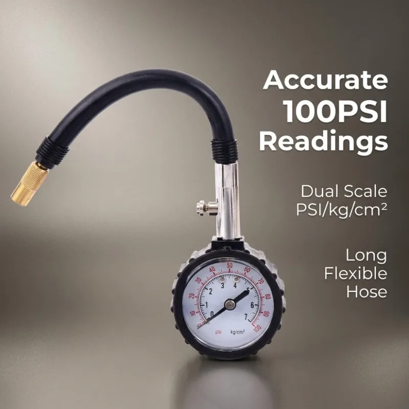 Professional 100 PSI Tire Pressure Gauge High Precision Long Hose Meter for Car Truck Motorcycle Tire Air Pump Tester Tool
