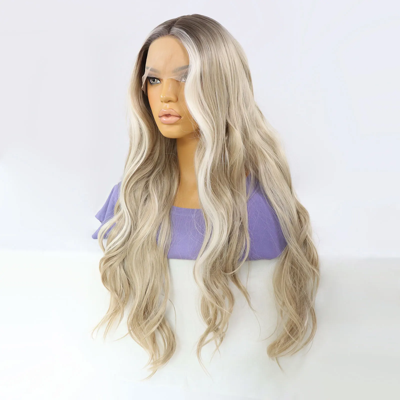 Ombre Ash Blonde Highlight Color Wig 13X3X1 Lace Front Wigs for Women 30 Inch Natural Long Wavy High Density Synthetic Hair Wig