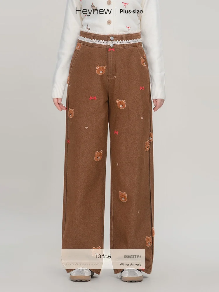 

Heynew Embroidered Bear Lace Trim Loose Fit Denim Jeans Women's plus Size Straight Leg Long Trousers Spring Faion plus Size