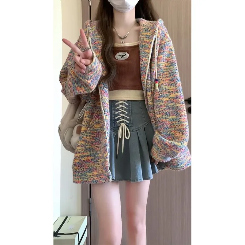 Rainbow Sweater Jacket Female Spring and Autumn Loose Lazy Wind American Retro Design Sense Minority Sweet A Cardigan Hoodie