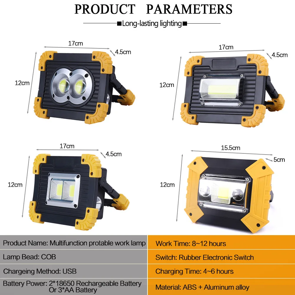 100W Led Portable Spotlight Work Light USB Rechargeable Flashlight 2*18650 Or 3*AA Battery For Hunting Camping Led Latern