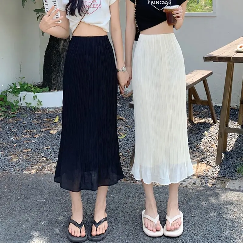 

Summer New Fashion Solid Spring Wrapped Hip Fishtail Skirt Women Patchwork Elastic Waist Elegant Gentle Mid Length A-line Skirts