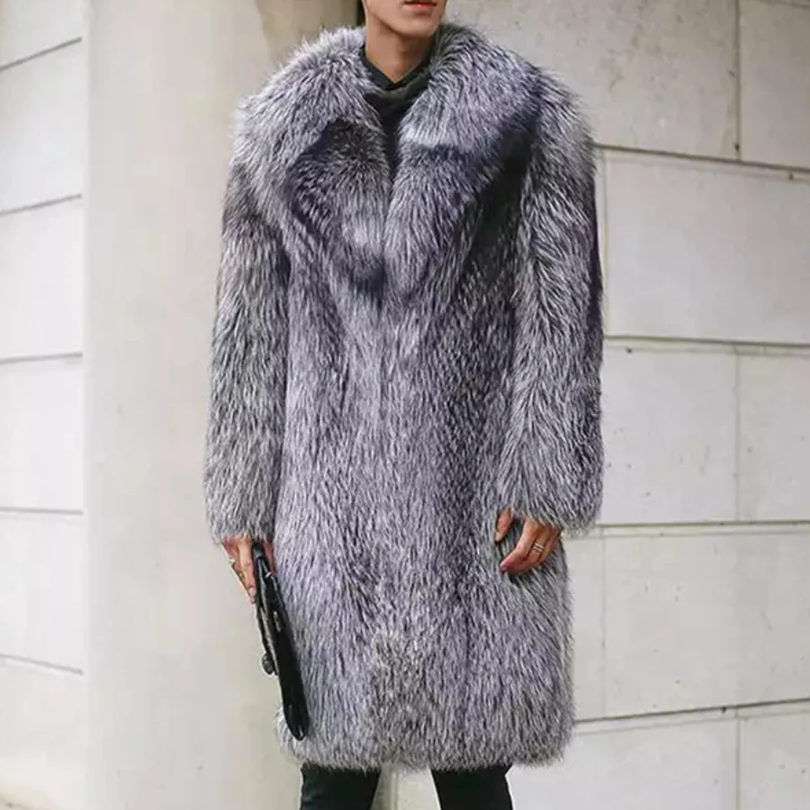 

New Men's Genuine Real Sliver Fox Fur Long Fur Coat Natural Fox Fur Knee-Length Winter Warm