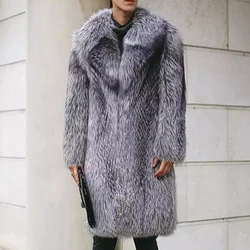 New Men's Genuine Real Sliver Fox Fur Long Fur Coat Natural Fox Fur Knee-Length Winter Warm