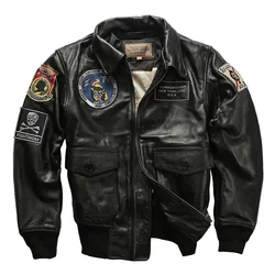 Aviator Jackets Black Multi-label Embroidery Men's Lapel American Casual Printing Short Genuine Leather Coats Cowhide Jacket