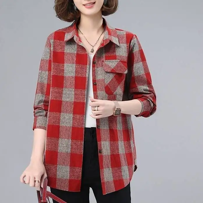 

Vintage 2023 New Plaid Long Sleeve Soft Shirt for Women Summer Loose Retro Shirt Tops Streetwear High Quality Clothes T216