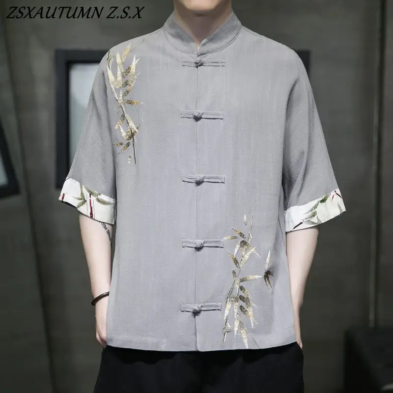 Tang Suit Men Chinese Style Summer Thin Cotton Linen Embroidery Shirt Trend Loose Hanfu Tops Large Size Shirt Vintage  Casual