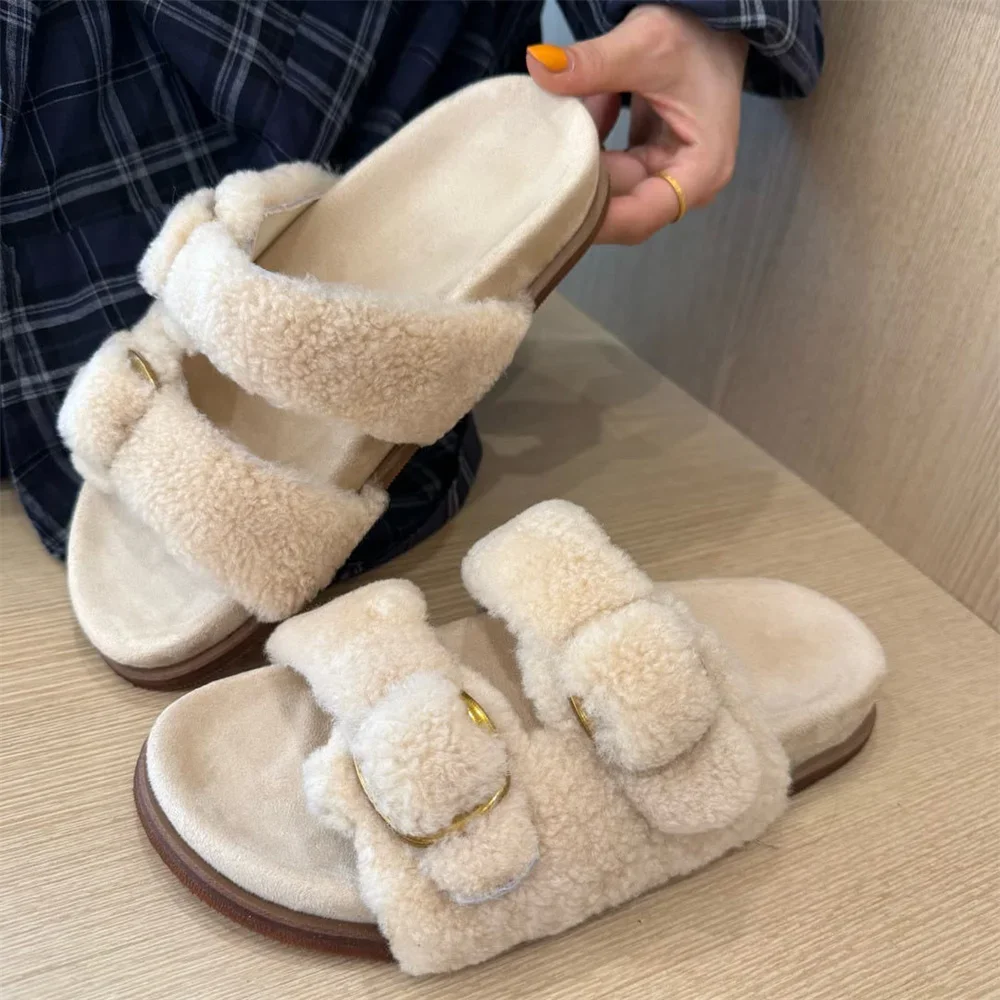 Women Wool Fur Slides Luxury Fluffy Real Fur Slippers For Woman  Non Slip Flat Flip Flops Indoor Outdoor Woman Plush Sandals view 4