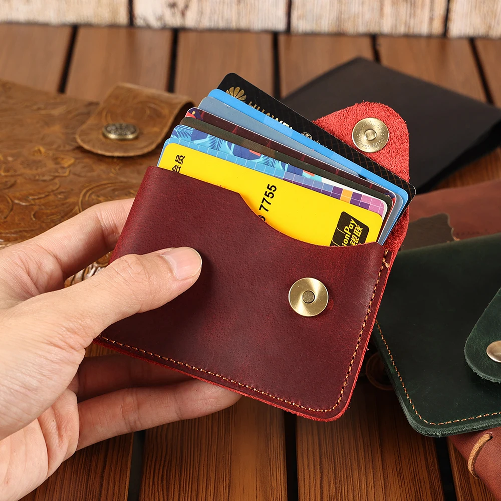 Hot handmade minimalist cowhide card case with creative small and delicate snap closure zero wallet crazy horse retro card bag