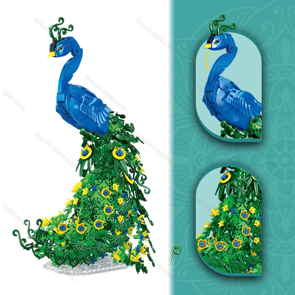 Flowery Peacock Nature Animal Small Particle Assembly Building Blocks Model Sets Ornaments Creative Bird Bricks for Living Room
