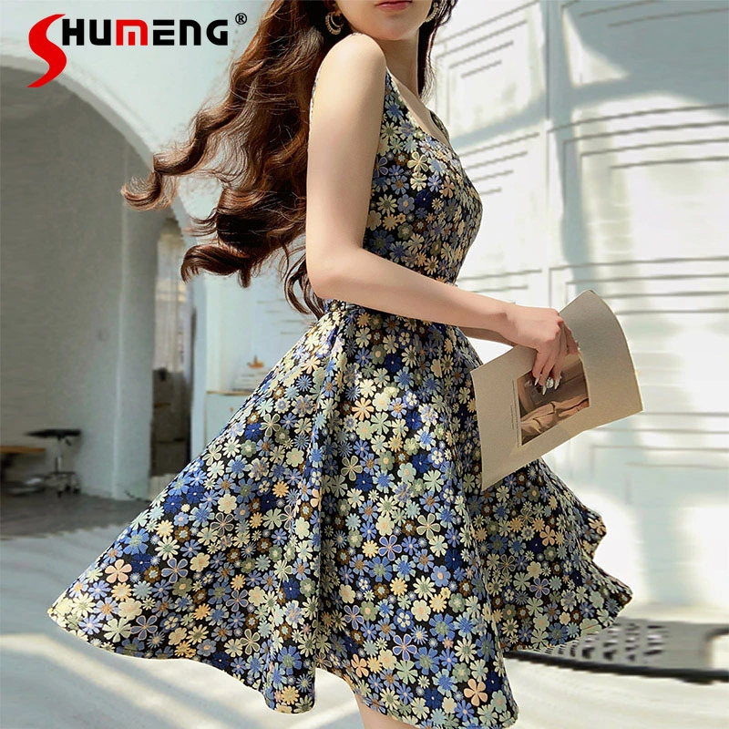 

High-Grade Grey Blue Vestido Square Collar Jacquard Embroidered Tulle Tutu Dress Female Summer Floral Tight Waist Vest Dresses