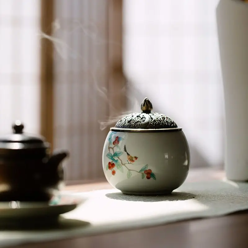 Ru kiln hollowed out ancient style small incense burner covered indoor office calming the nerves and offering Buddha ceramics