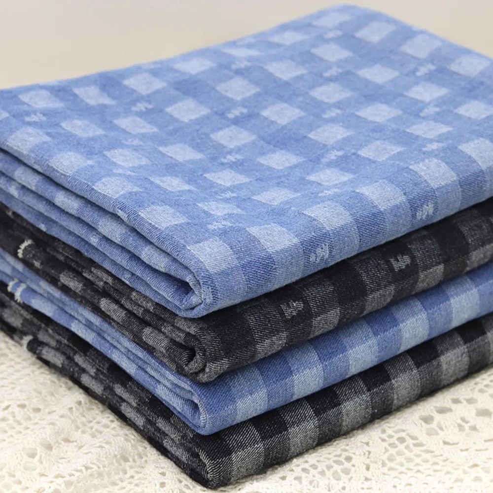 Checkered Jacquard Washed Denim Fabric DIY Sewing Luggage Jean Outerwear Dress Clothing Fabric