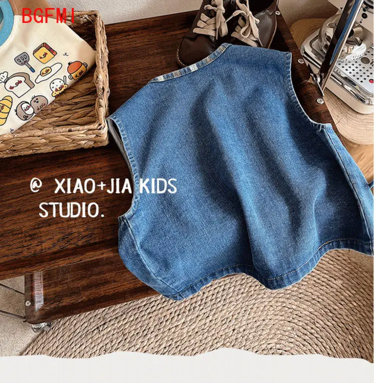 Spring Autumn Baby's Letter Sleeveless Top Kids Soft Denim Vest Button Casual Cartoon Hamburger Waistcoats for Girls Boys 1-8 Y