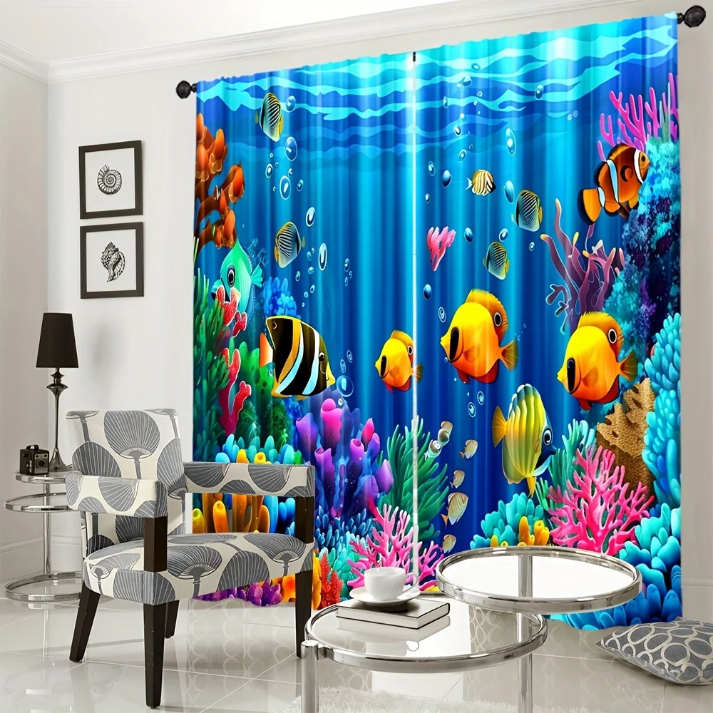 2pcs Clownfish Coral Curtains Bright Reef Fish Bubble Print Drape Bathroom Bedroom Window Treatment Vibrant Aquarium Theme Decor