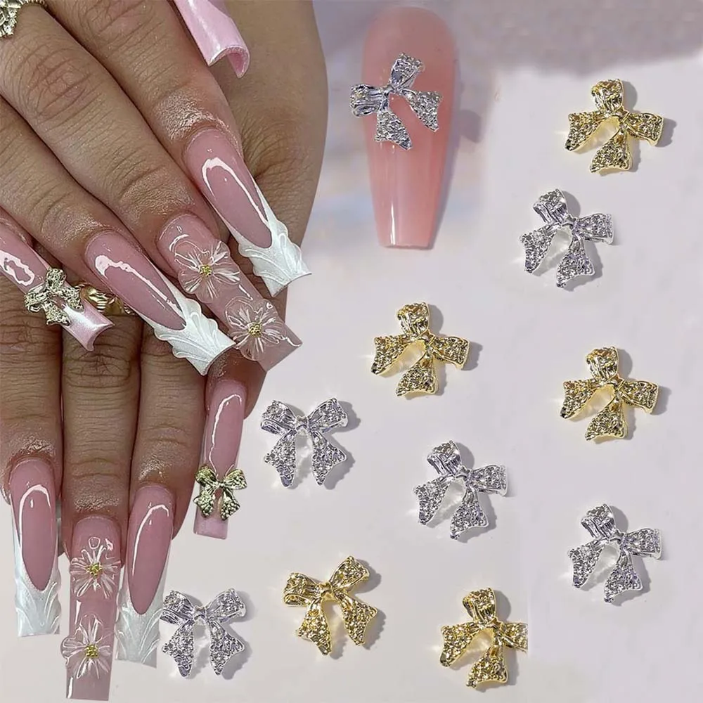 20 piezas lazos de cinta de Metal para decoración de uñas, cinta de lazo dorado/plateado 3D, decoración de uñas DIY Y2K Kawaii, accesorios de manicura