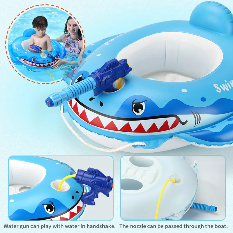 Flotador de piscina para bebé con accesorios de pistola de agua, anillo de natación de tiburón, juguetes inflables divertidos, asiento de natación, barco para 3-6 años