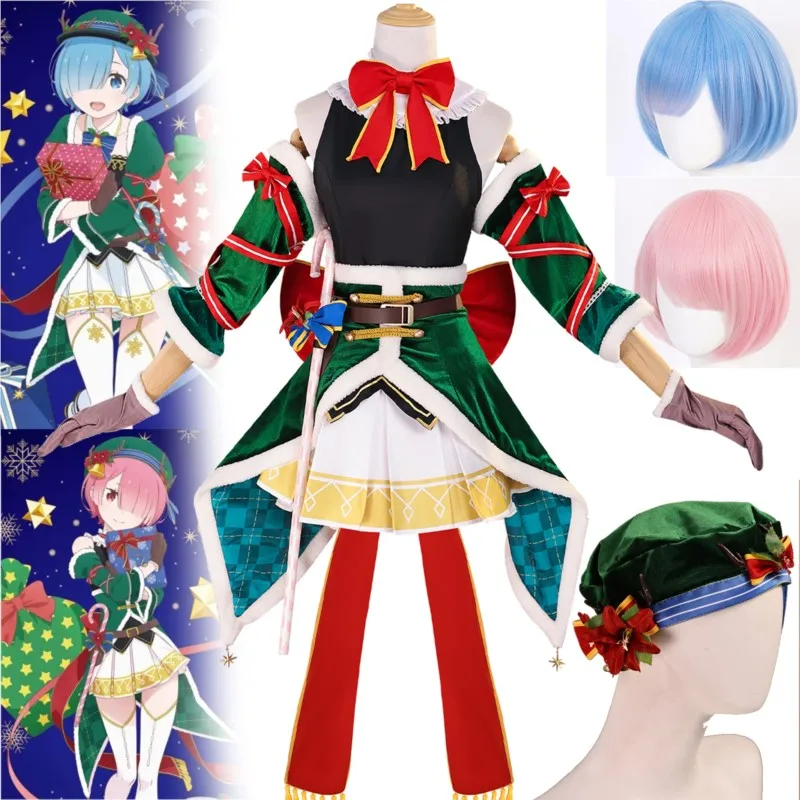 

Anime Zero Rem Ram Christmas Dress Cosplay Costume Hat Green Dress Lolita Girl Woman Wig FullSet Clothes Halloween Event Clothes
