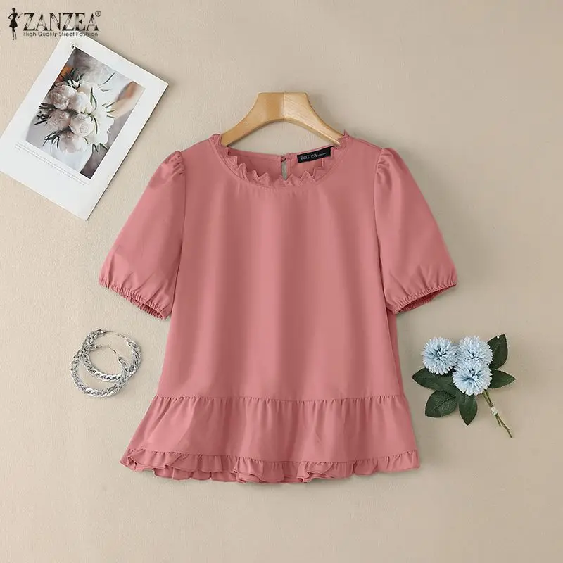 

ZANZEA, летние женские блузки с короткими пышными рукавами, модные однотонные топы с круглым вырезом и пилообразной отделкой, с оборками по подолу, женская одежда 3XL