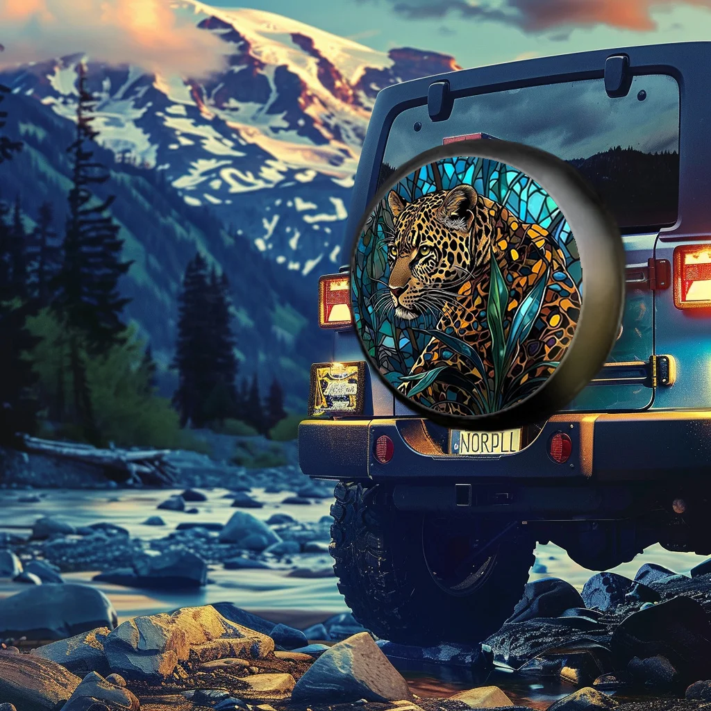 1pc leopardo vitral design capa de pneu sobressalente caber 2834 Polegada para rv, caminhão, suv, reboque durável tecido poliéster poeira p