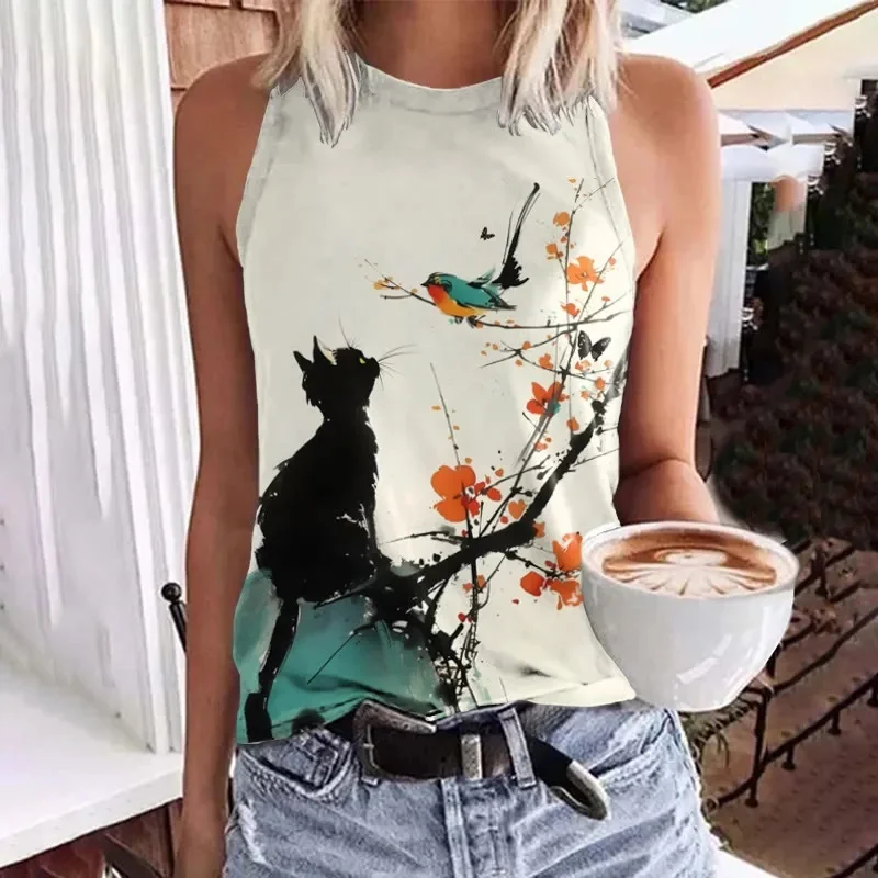 Watercolor Black Cat Watching The Bird Art Print Crew Neck Tank Top Summer Women's Casual Vest