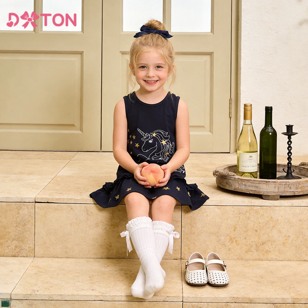 DXTON Sleeveless Summer Girls Dress Baby Kids Cotton Clothes Star Unicorn Children School Daily Outfits A-line Girls Party Dress
