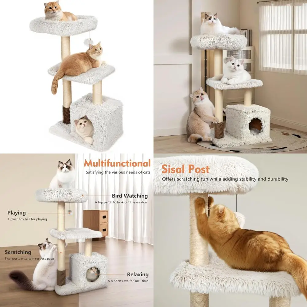 

Высокая деревянная лежанка-башня для кошек (41 дюйм) с домиком, гамаком и площадкой для отдыха – современное кошачье дерево для лазания, царапания и отдыха с натуральным сизалем