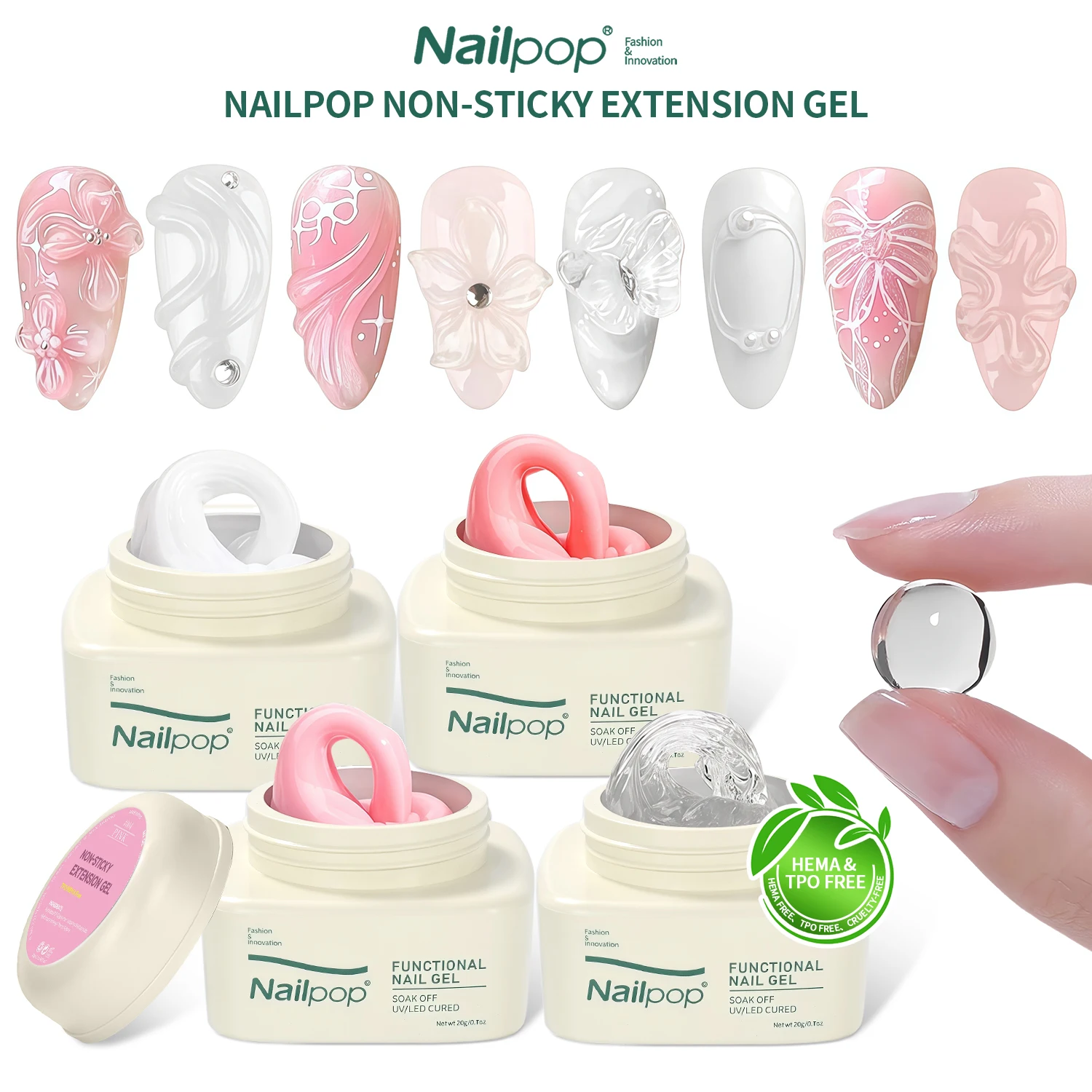 

Нелипкий гель для наращивания Nailpop HEMA TPO Free, прозрачный белый телесный розовый клей для цветных кончиков, страз и скульптурных дизайнов, 1 шт.