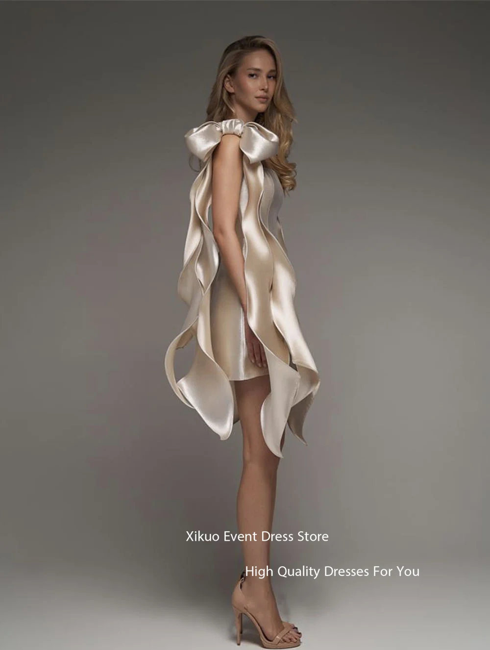 Xikuo elegante cetim vestidos de baile mini champanhe fora shouder arco vestido de festa cocktail formatura vestidos de dança matric personalizado