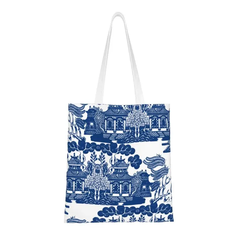 Chinoiserie de sauce azul reutilizable, bolso de compras de inspiración de porcelana azul y blanca, bolso de mano de lona de hombro, bolsas de compras