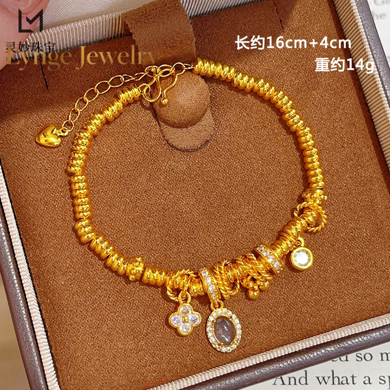 Lynge Jewelry Longxin same style 9999 white diamond pigeon egg lucky grass dish bracelet 24K real gold running ring bubble brace