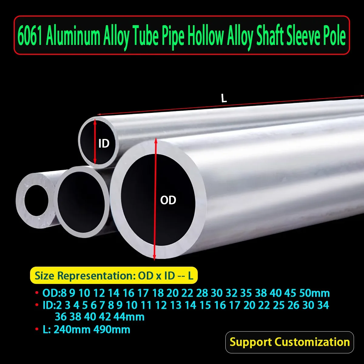 6061 Aluminum Alloy Tube Pipe Hollow Alloy Shaft Sleeve Pole CNC Plumbing DIY Tool Parts Length 240/490mm ID 2-44mm OD 8-50mm