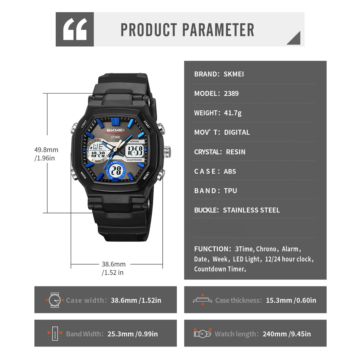 SKMEI Fashion Waterproof Digital Electronics Watch Sports LED Light Quartz Watches For Men Women 3Time Alarm Chrono Wristwatches