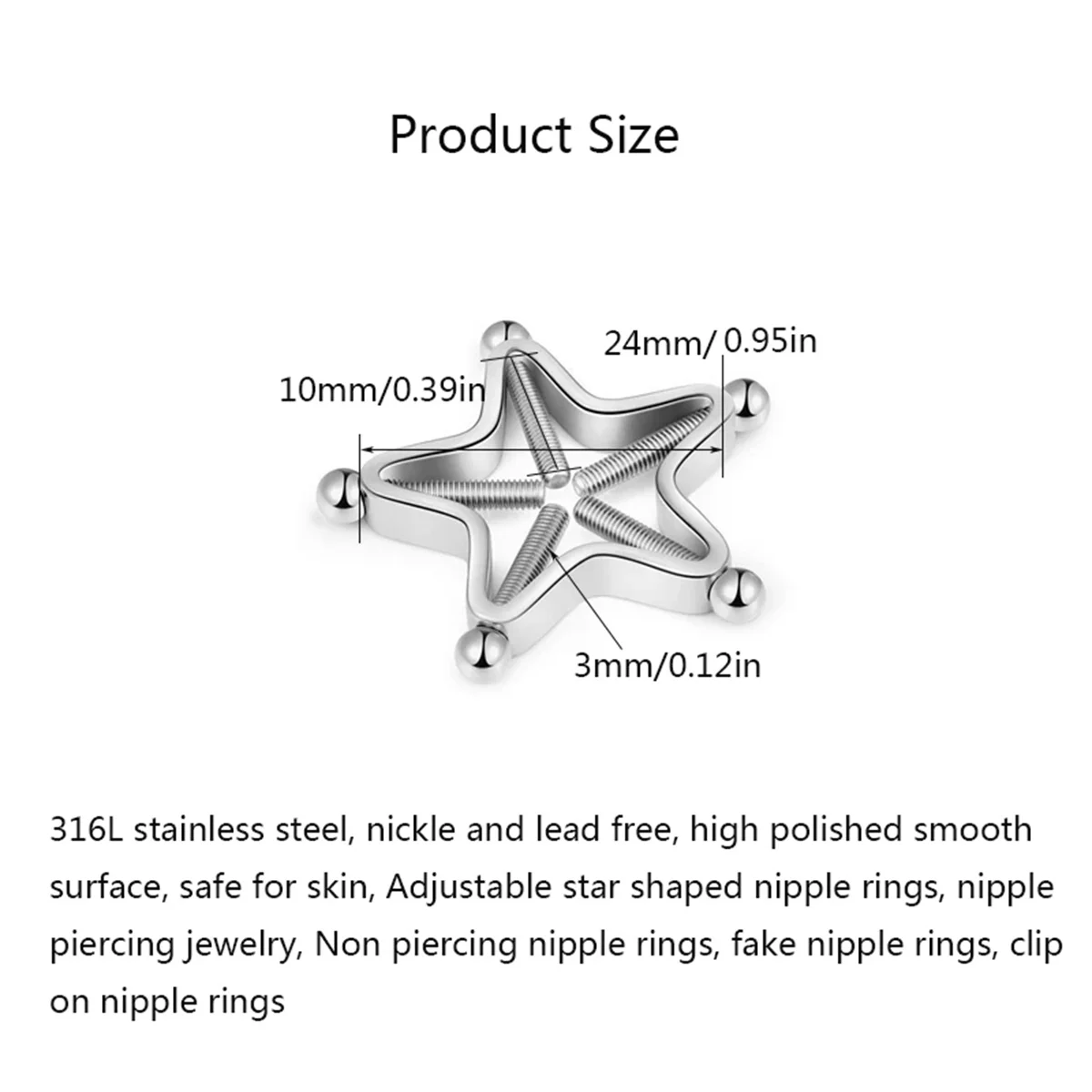 2Pcs 316L Stainless Steel Adjustable Nipple Rings for Women, Star Shaped Flower Shaped Clip On Nipple Ring Fake Piercing Jewelry