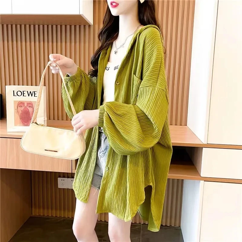 

2024 Korean Mid Length Hooded Sunscreen Clothing Women Wearing Spring Summer Thin Loose Casual Stylish Shirt Sun Protection Coat