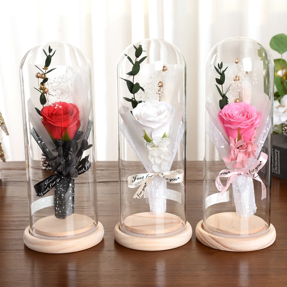 

Artificial Rose Flowers Glass Cover Simulation Handmade Rose Flower Mothers Day Gifts Party Supply Valentine's Day Wedding Decor