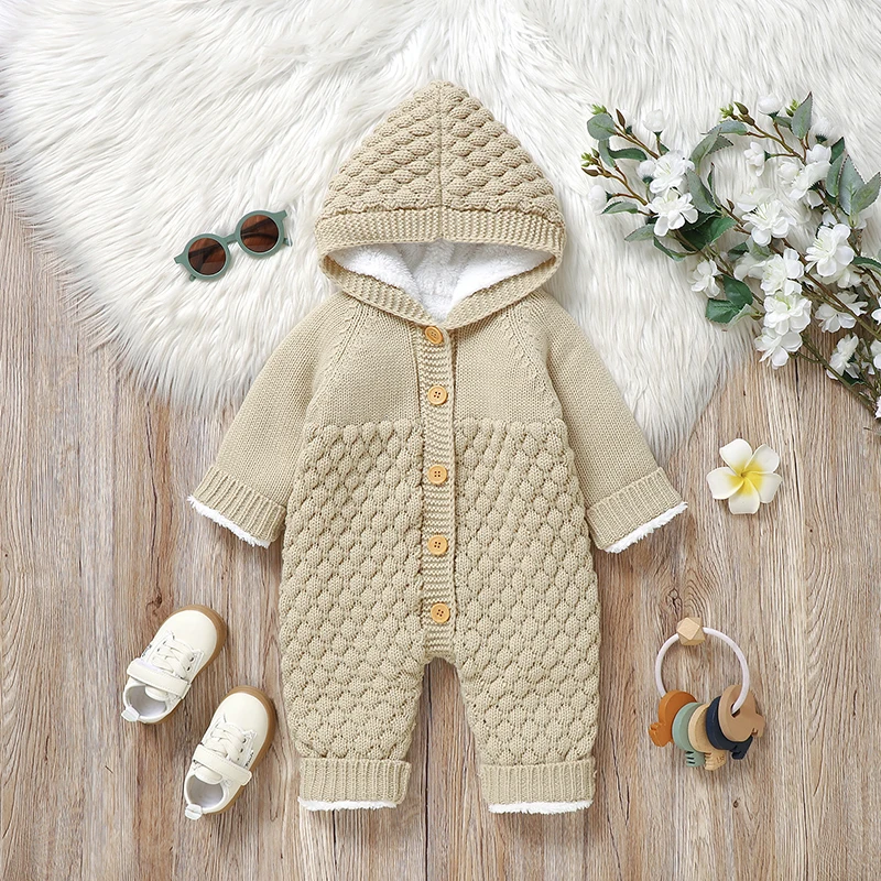 Winter Baby Romper Long Sleeve  Newborn Girl Boy Jumpsuit Knitted Fashion Hooded Infant Child Clothes 0-18M Overalls Fleece Warm