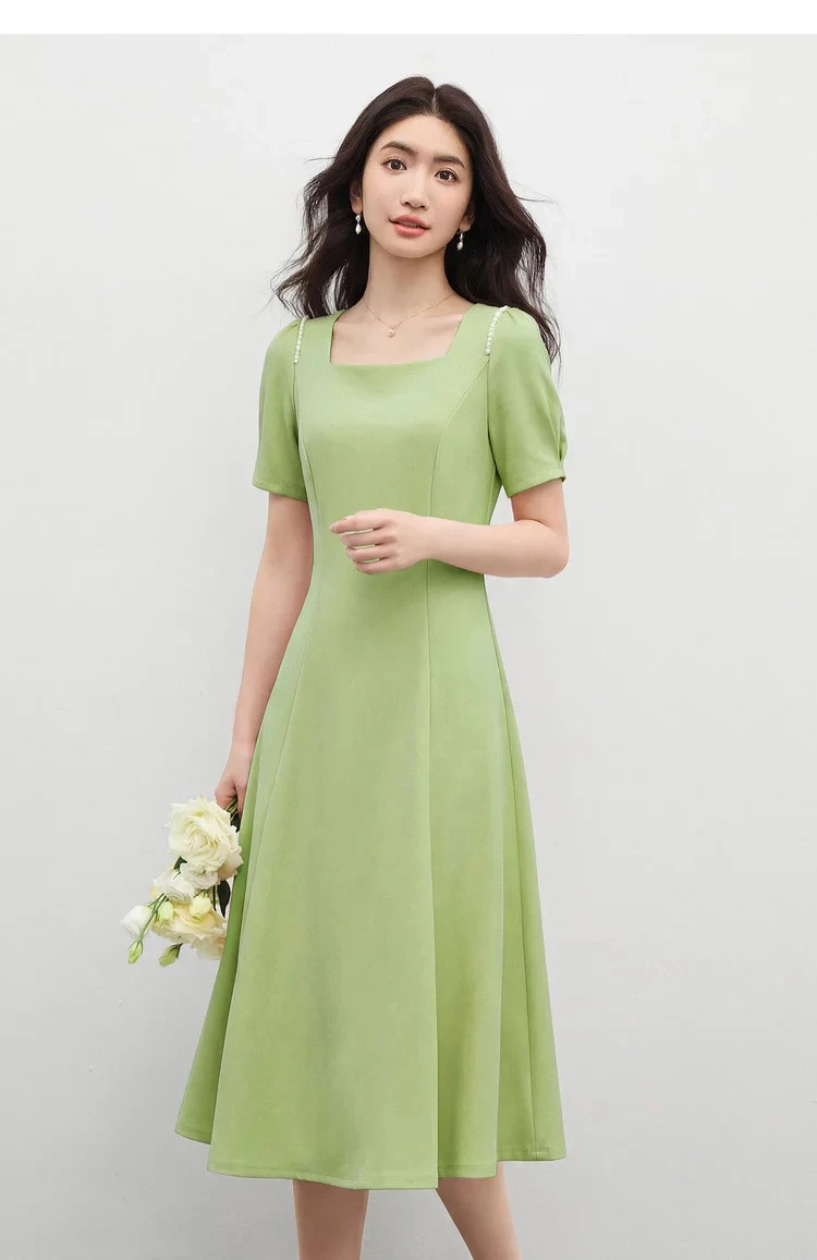 SENTUBILA Damen Einfaches A-Linien-Kleid 2026 Sommer Büro Elegantes Kleid mit Quadratischem Ausschnitt und Perlenketten-Detail Kurzarm Q62LI6575X – Detail 24