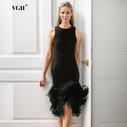 VGH Elegant Slimming Dresses For Women Round Neck Sleeveless Backless High Waist Spliced Tassel Solid Bodycon Long Dress Female