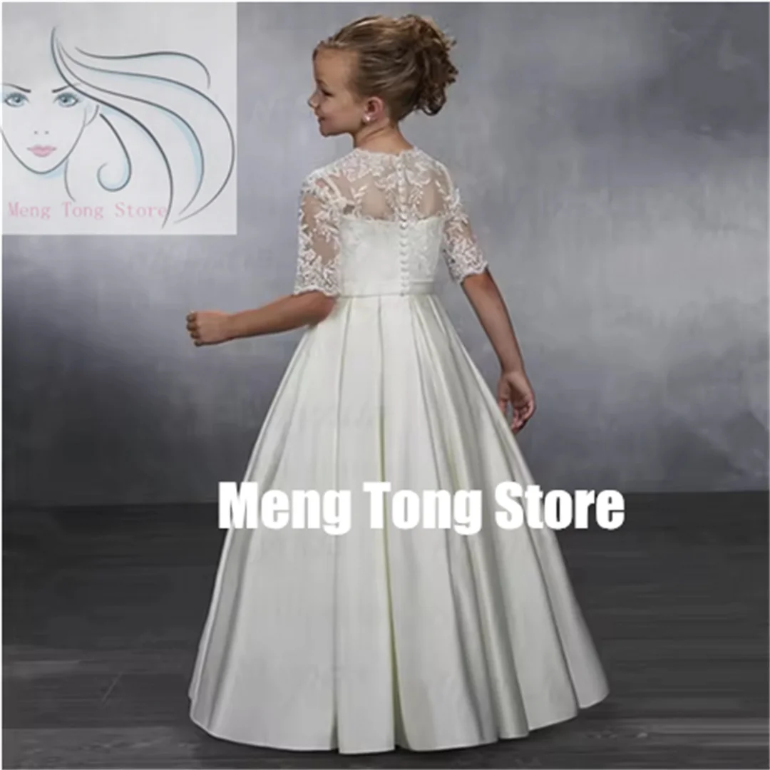 

Customized Flower Girl Dress For Wedding Pearls Full Sleeves Bow Puffy Baby Kids Birthday First Communion Party Gown