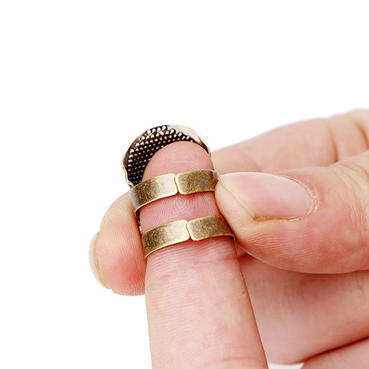 

Vintage Metal Open-Sided Copper Thimble Ring Adjustable Dimpled Sewing Finger Protector Slip-Proof Needle Tool For