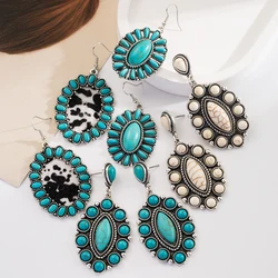 New Retro Bohemian Turquoise Leather Earrings From Europe and America, Amazon Hot Selling Geometric Turquoise Fashion Earrings