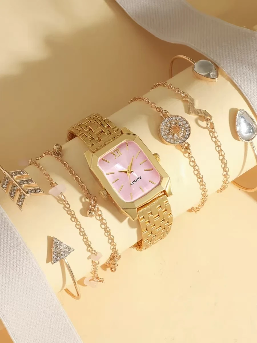 مجموعة أساور كوارتز نسائية عصرية وبسيطة ومتعددة الاستخدامات وسوار فولاذي مربع الشكل مكونة من 7 قطع، مناسبة لعيد الميلاد وعيد الشكر #3