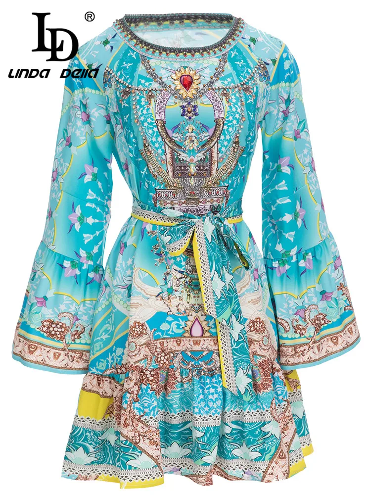 

LD LINDA DELLA Fashion Designer Autumn Short Dress Women Flare Sleeve Crystal Bead Blue Flower Print Belted Vintage Mini Dress